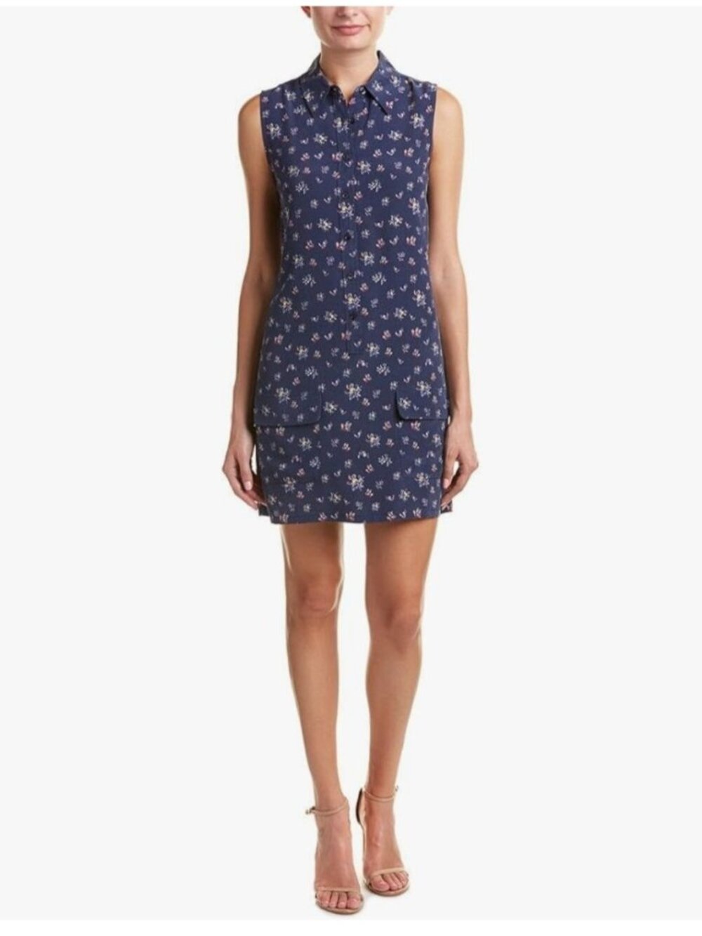 Equipment Femme Lucida Silk Dress Floral Sleeveles Pockets Navy Blue Size M